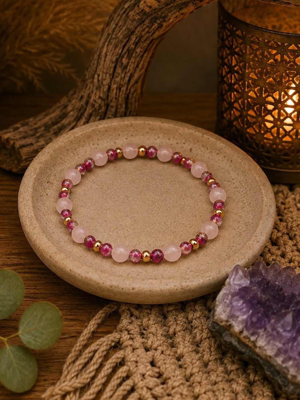 Ruby & Rose Quartz Bracelet, 7 Inch Stretch Gemstone Bracelet, Pink Red Handmade
